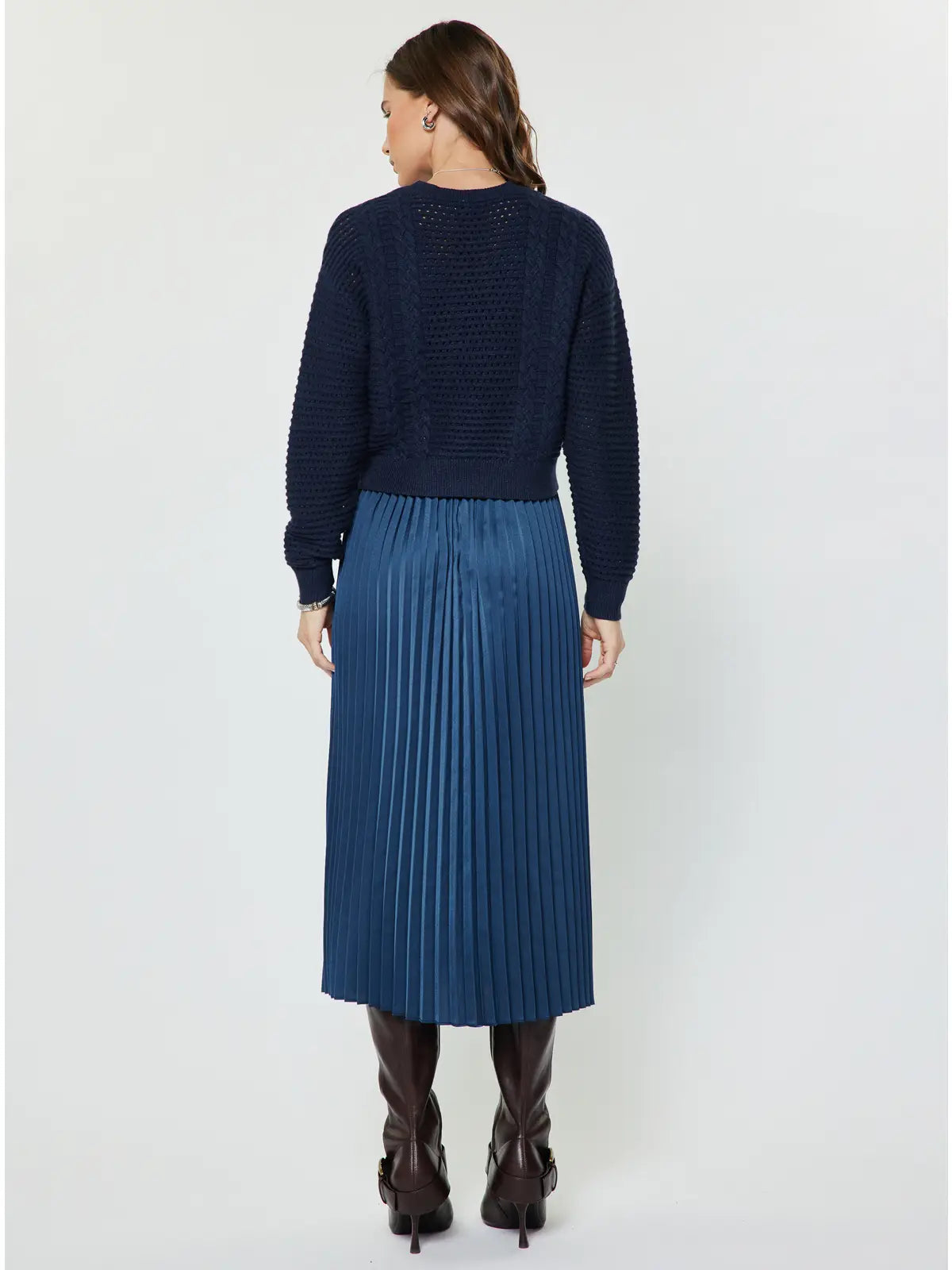 Navy Pullover Sweater Pleated Dress Set