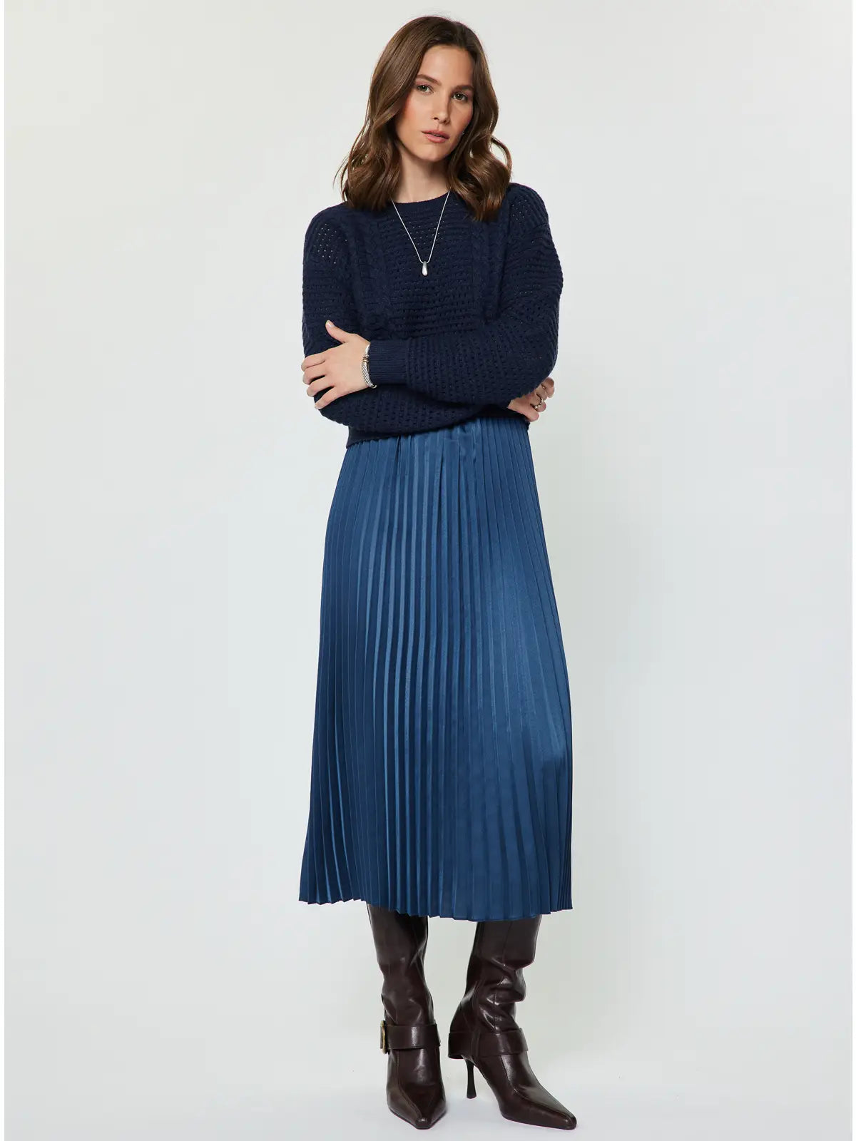Navy Pullover Sweater Pleated Dress Set