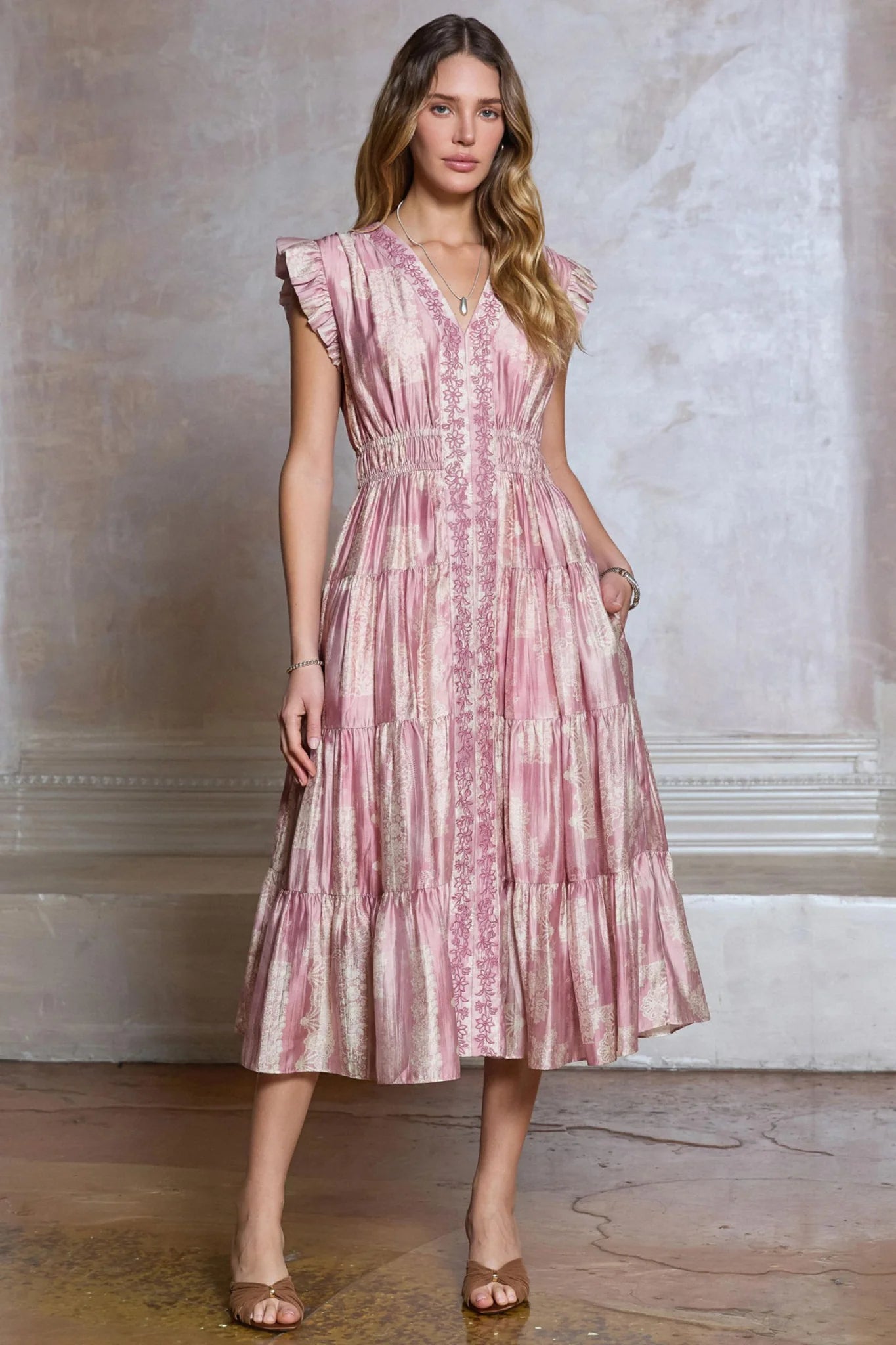 Pink V Neck Tiered Midi Dress