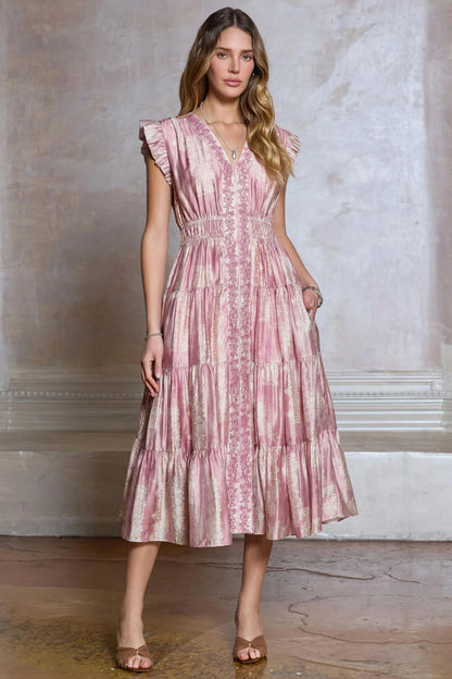 Pink V Neck Tiered Midi Dress