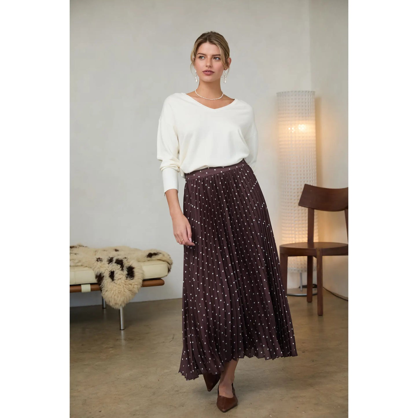 Brown and Ivory Polka Dot Maxi Skirt