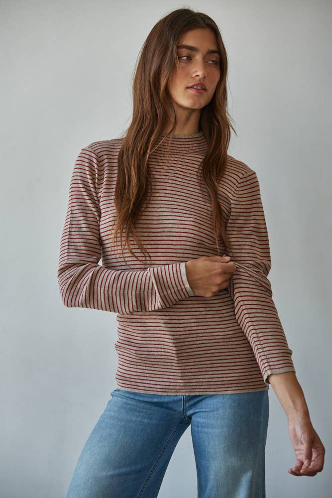 Red & Taupe Striped Mock Neck Sweater