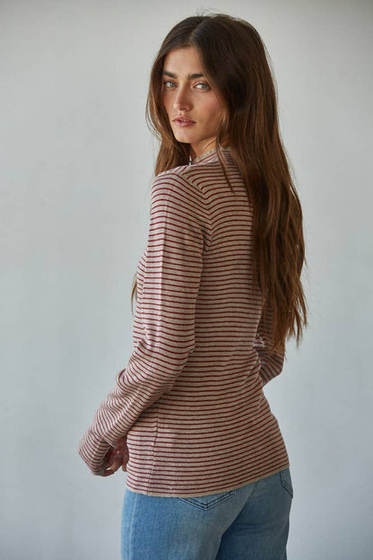 Red & Taupe Striped Mock Neck Sweater