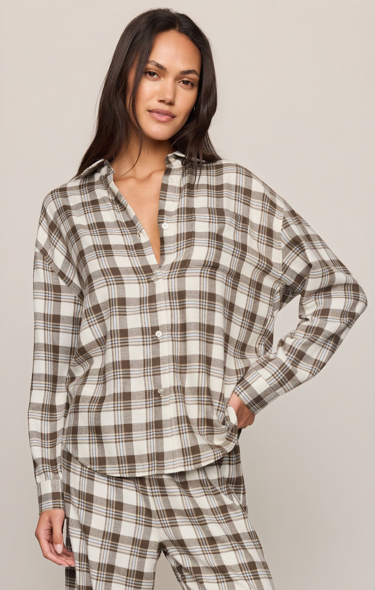 Cocoa Bean River Plaid Button Up