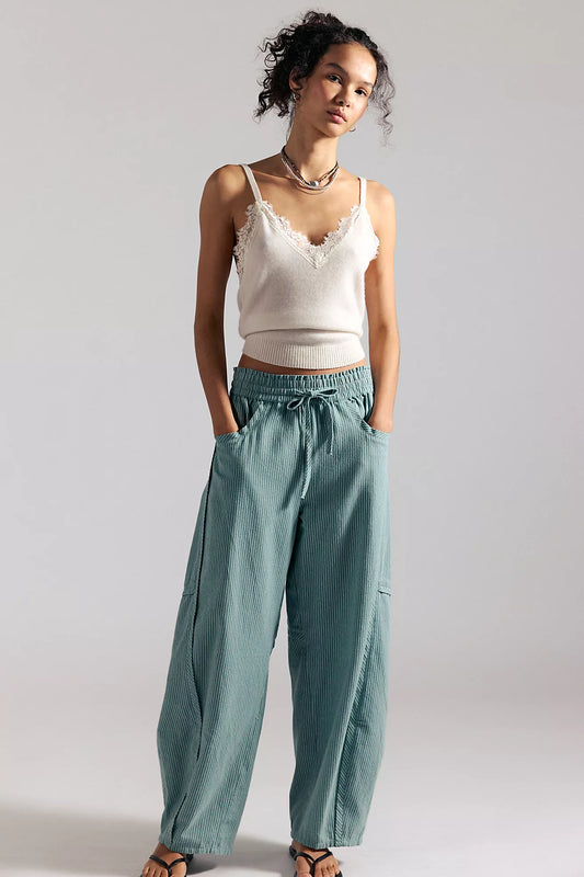 Something Good Pull On Barrel Pant - Blue / Green Stripe