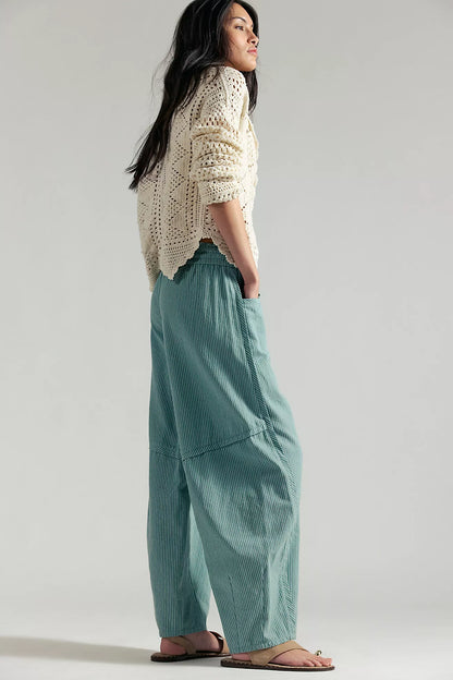Something Good Pull On Barrel Pant - Blue / Green Stripe