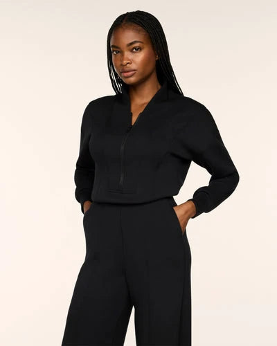 Black LS Shawl Collar Half Zip Jumpsuit