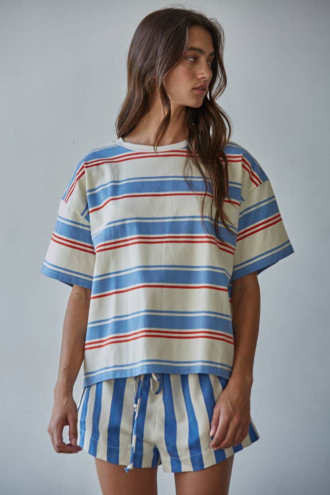 Cream Blue Striped Tee