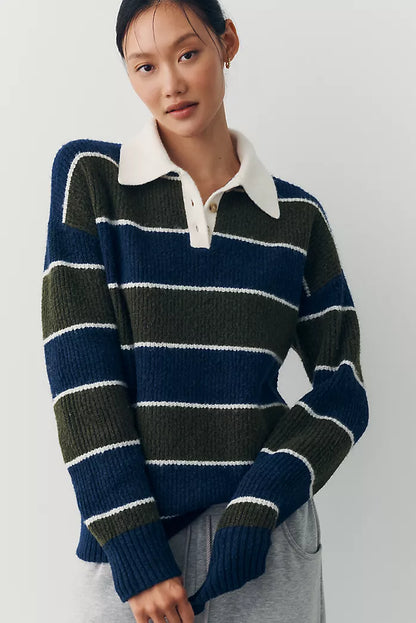 Dark Olive Rugby Stripe Polo Sweater