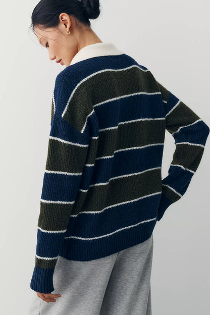 Dark Olive Rugby Stripe Polo Sweater