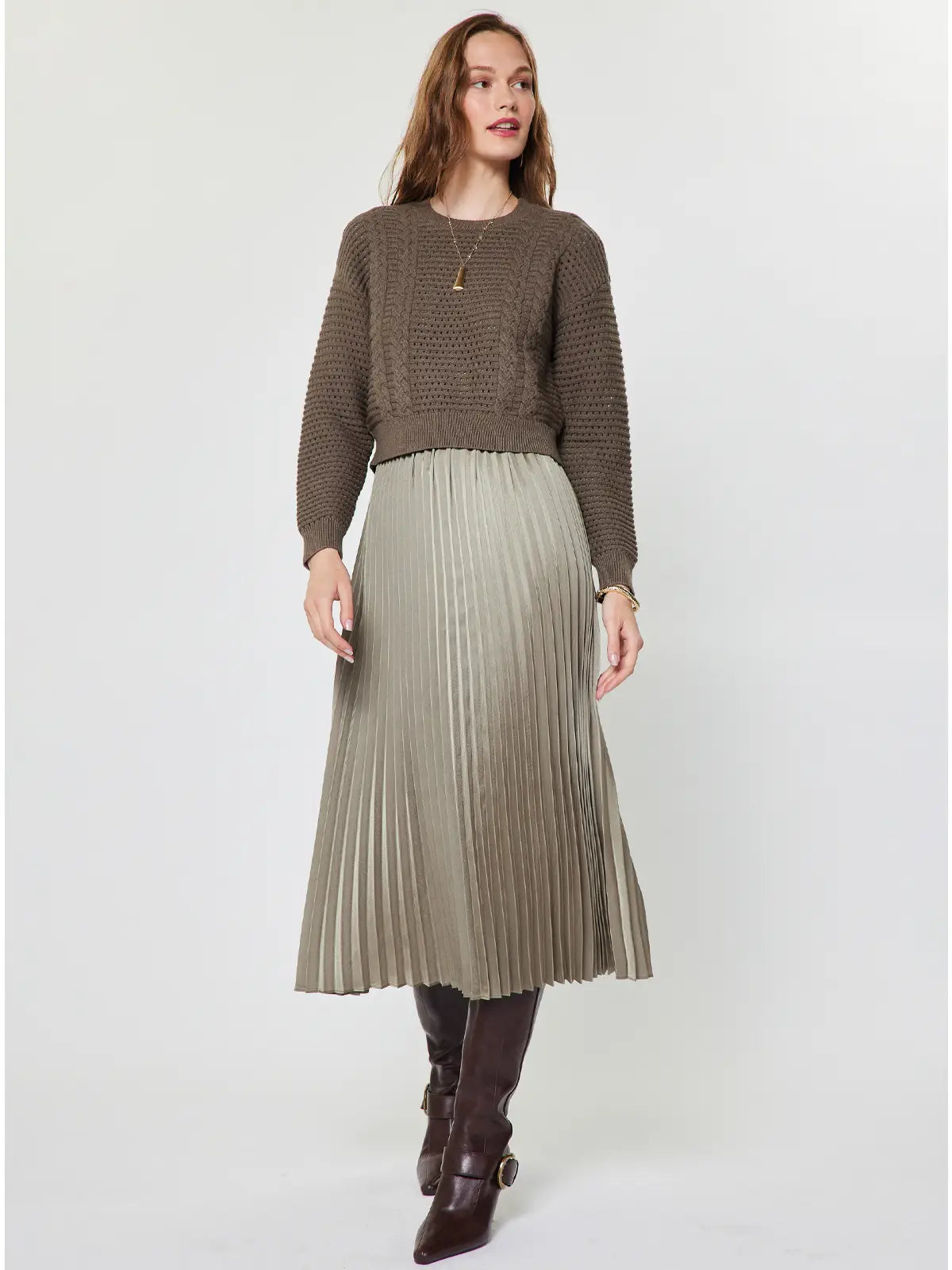 Taupe Grey Pullover Sweater Pleated Dress Set