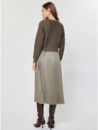 Taupe Grey Pullover Sweater Pleated Dress Set