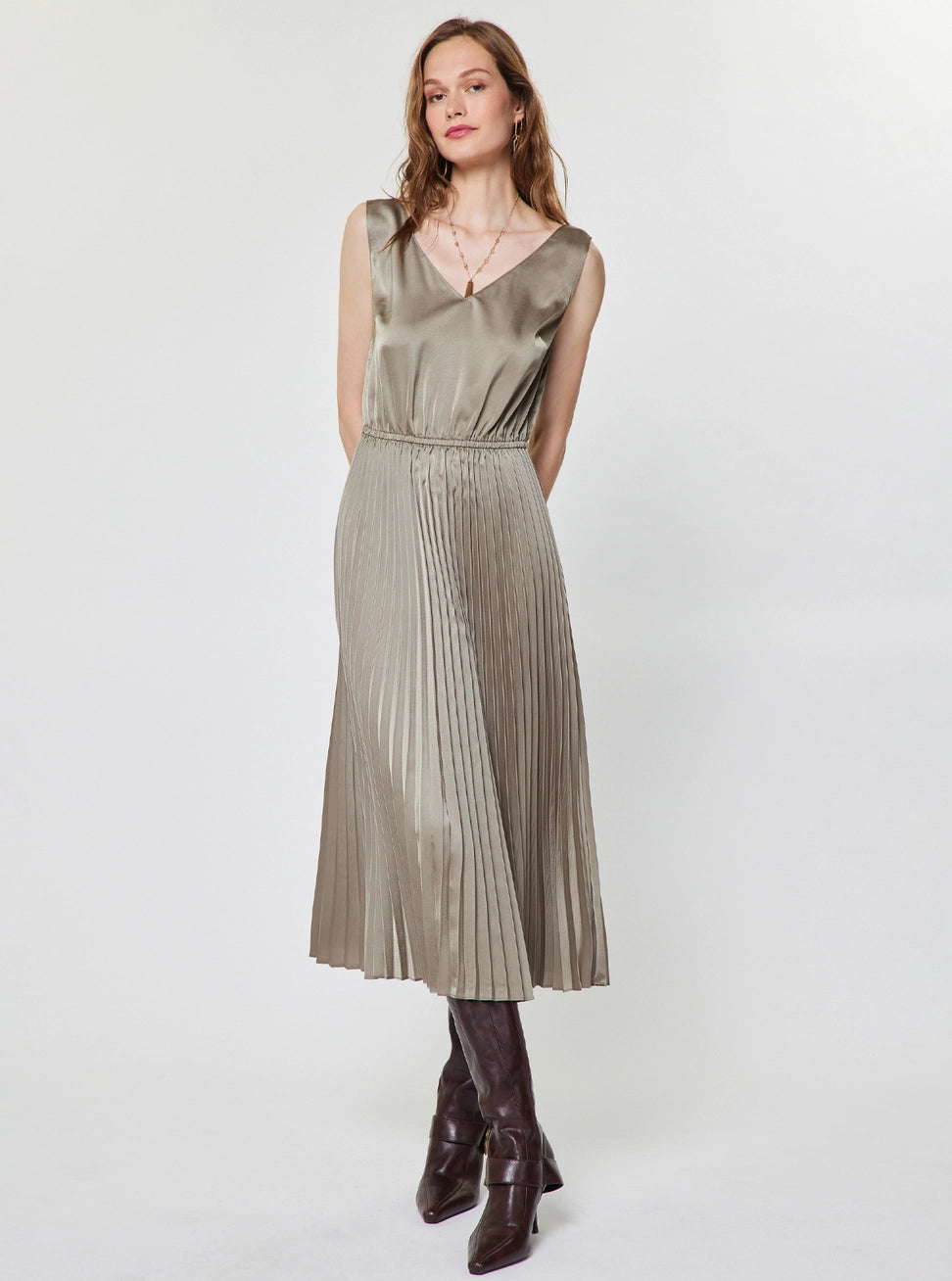 Taupe Grey Pullover Sweater Pleated Dress Set