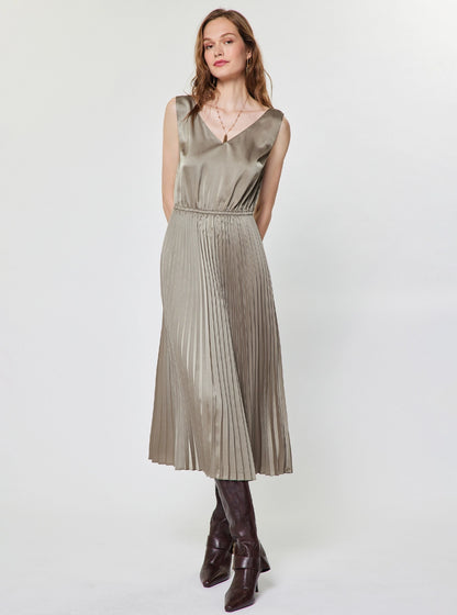 Taupe Grey Pullover Sweater Pleated Dress Set