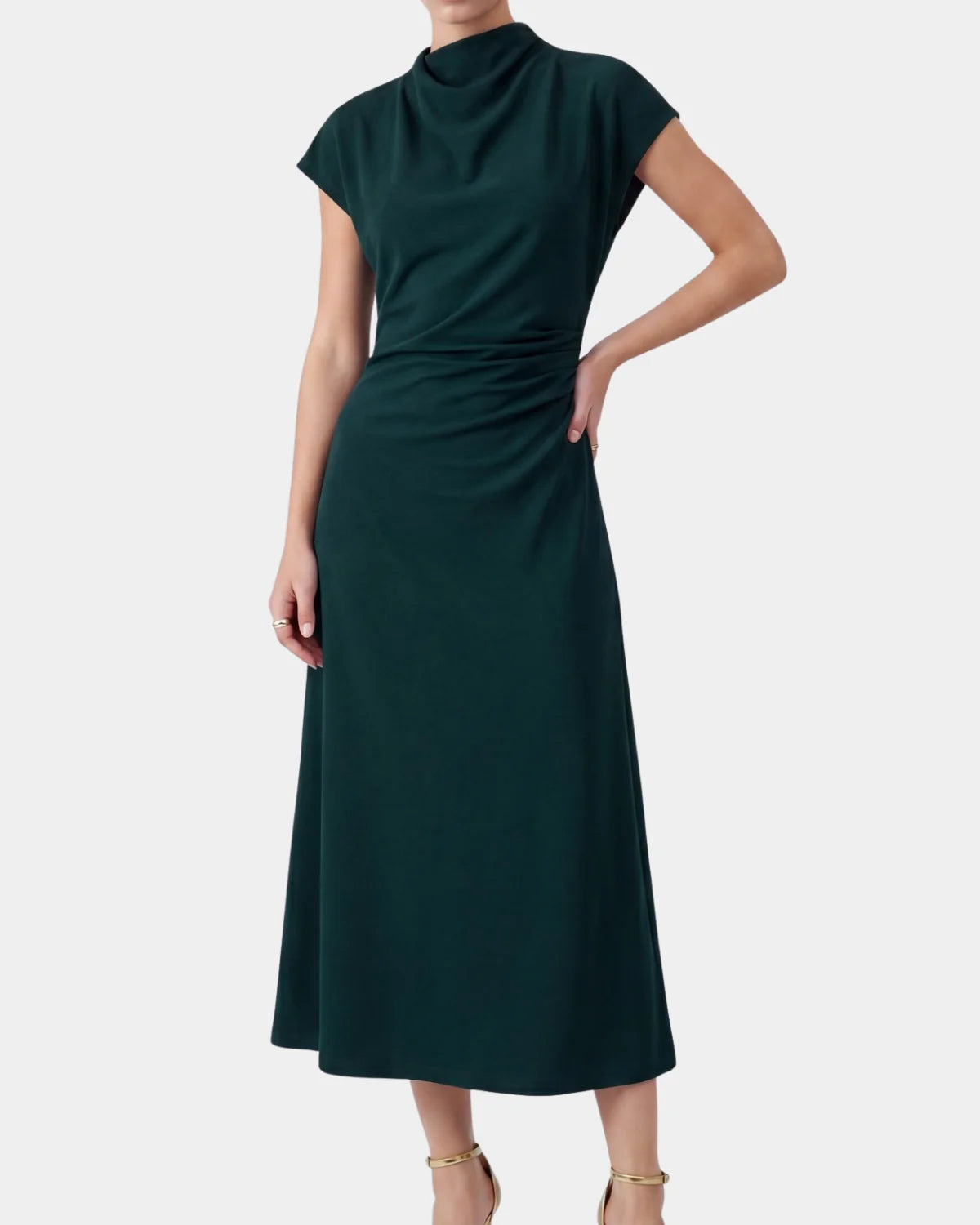 Teal Mock Neck SS Midi Dress