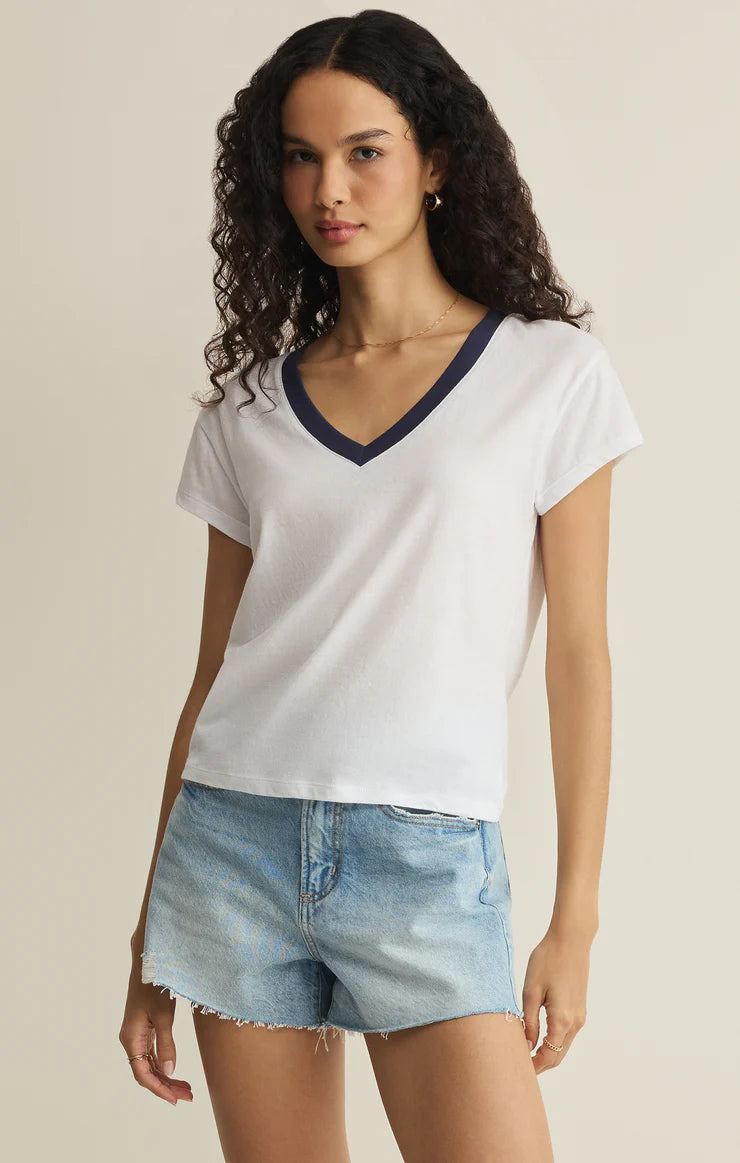 V Neck Tee - White With Blue Trim