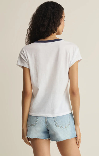 V Neck Tee - White With Blue Trim