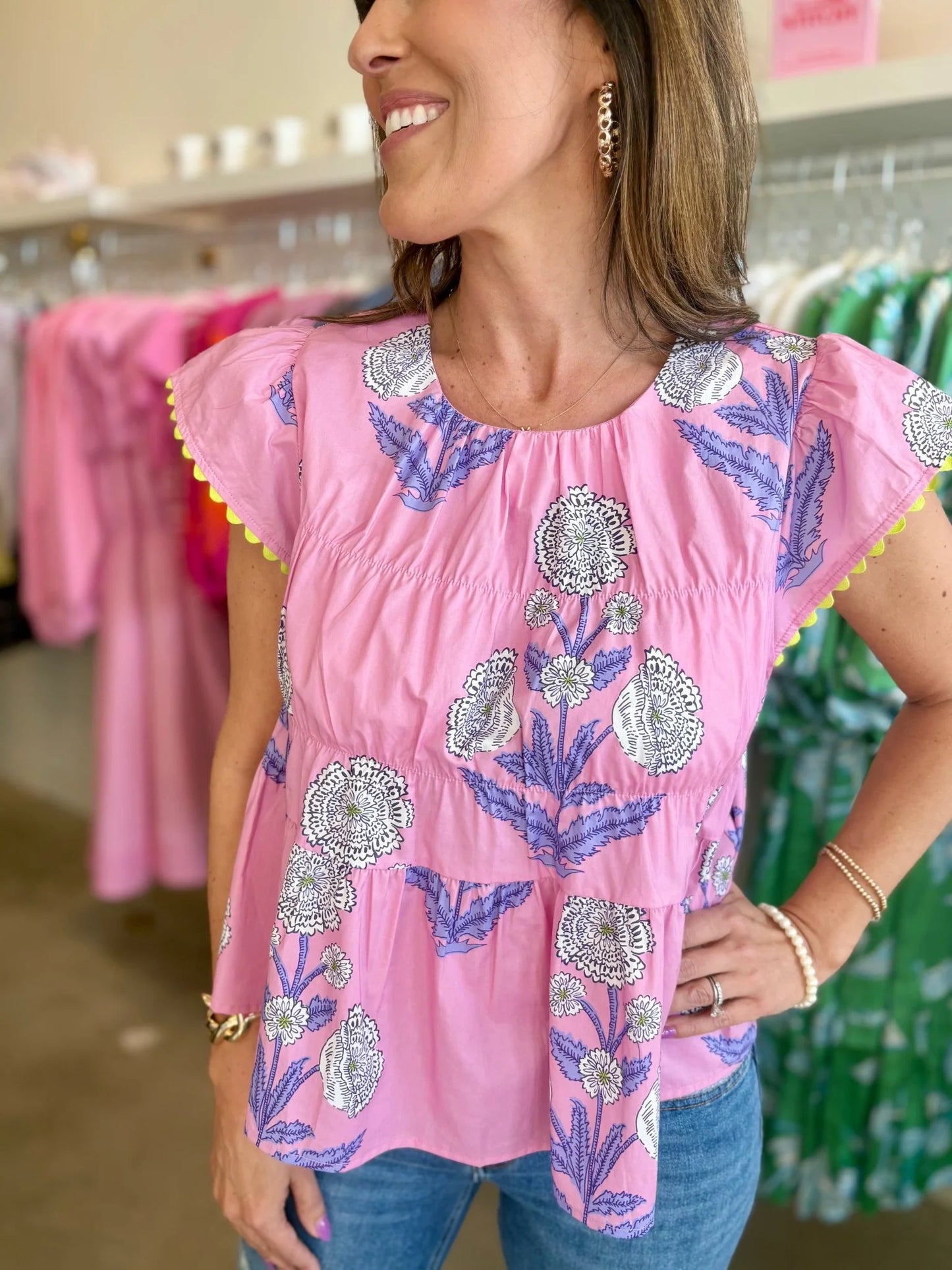 Pink Ruffle Sleeves Floral Top