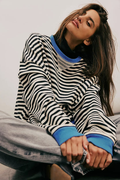Black Combo Classic Striped Oversized Crewneck