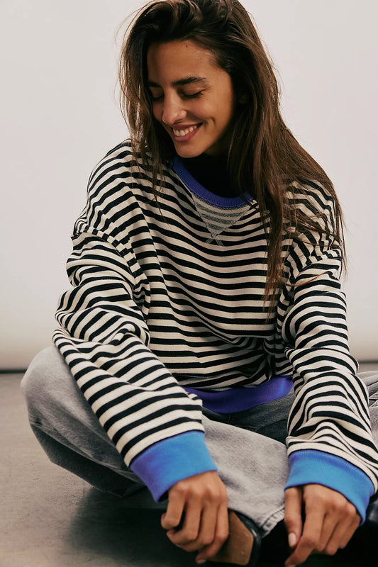 Black Combo Classic Striped Oversized Crewneck