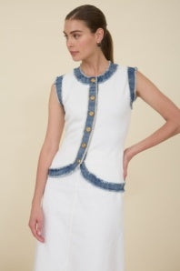 Sleeveless Sweater With Denim Trim