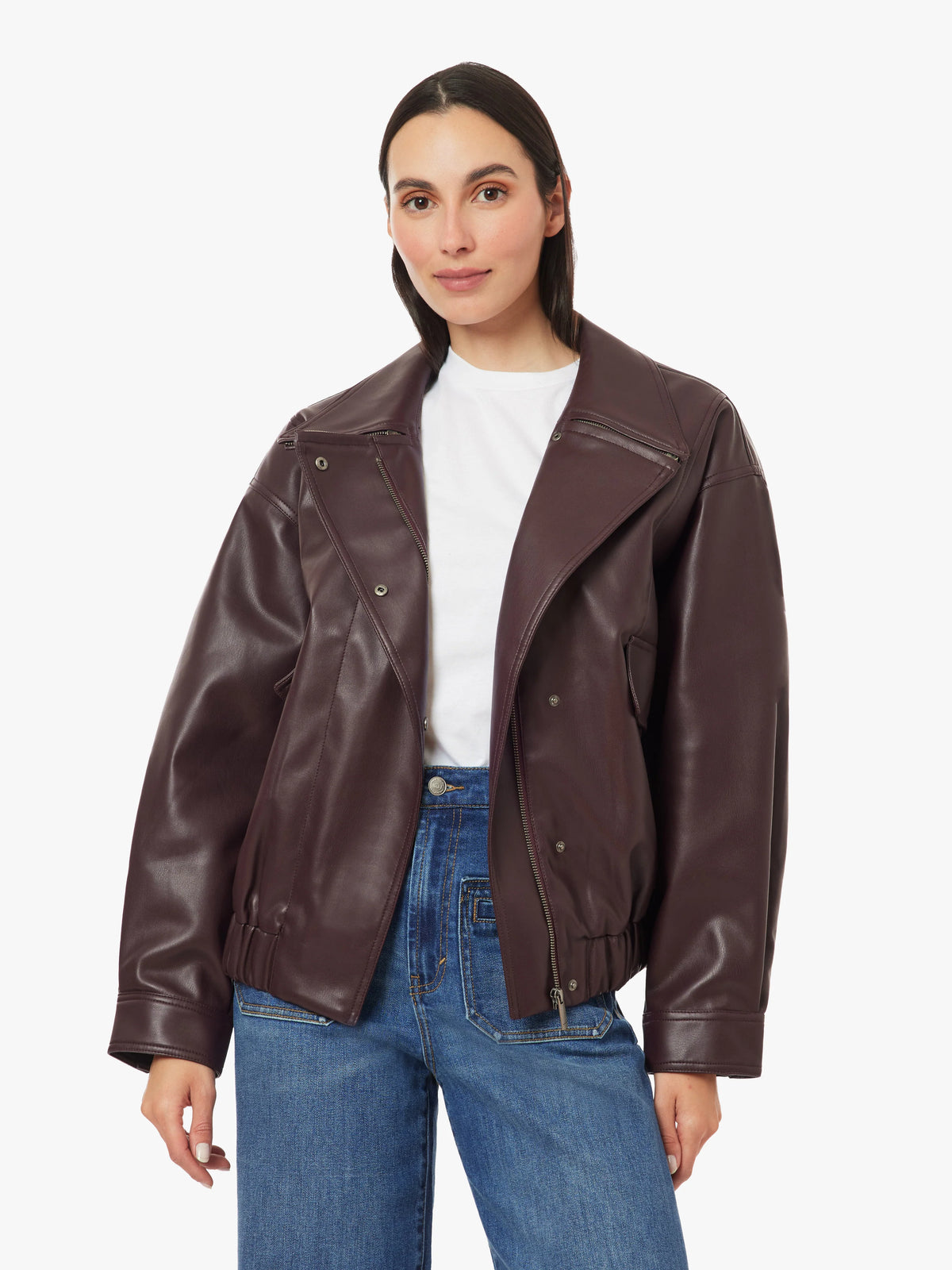 Wine Vegan Leather Funnel Neck Jacket