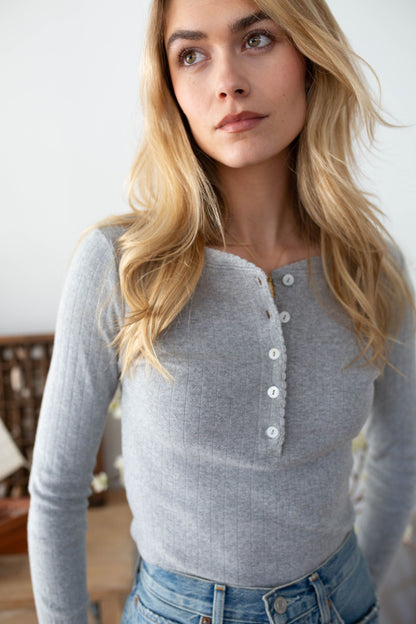 Pointelle Long Sleeve Henley - Grey